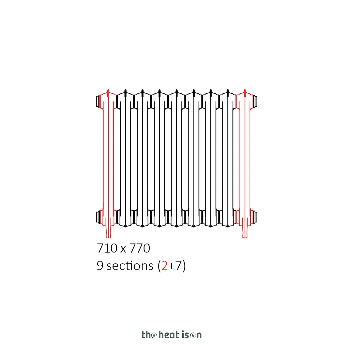 Terma OXFORD, 710h x 770w(mm), 4391 BTUs, Horizontal Cast Iron Radiator, 9 sections, Raw Metal