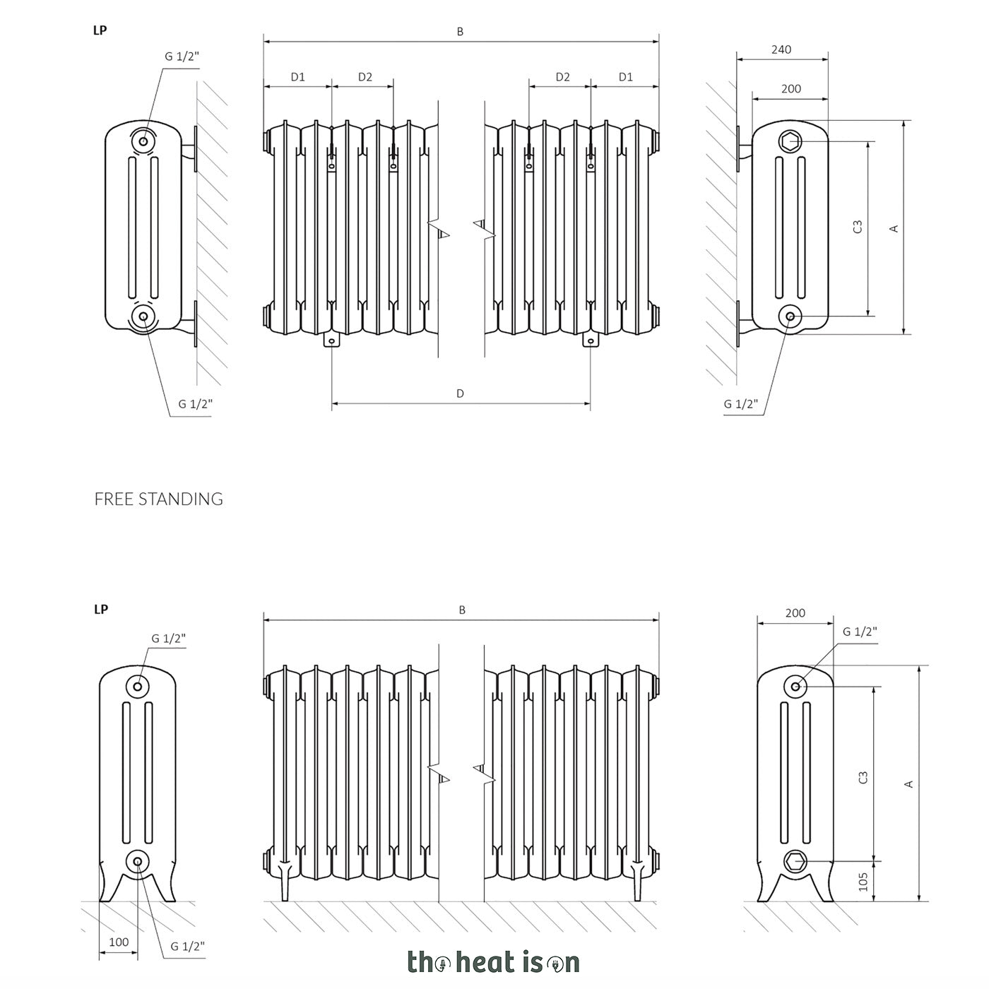 Terma PLAIN 3 COL, 720h x 852w(mm), 4709 BTUs, Horizontal Cast Iron Radiator, 10 sections, Antique Brass