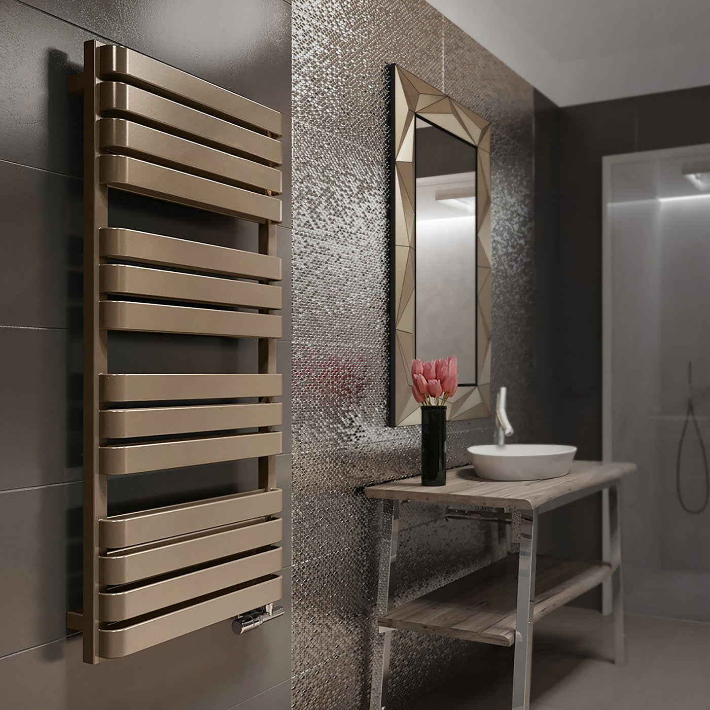 Terma WARP T BOLD, 1110h x 500w(mm), 2661 BTUs, Heated Towel Rail, RAL 8000 Matt Green Brown