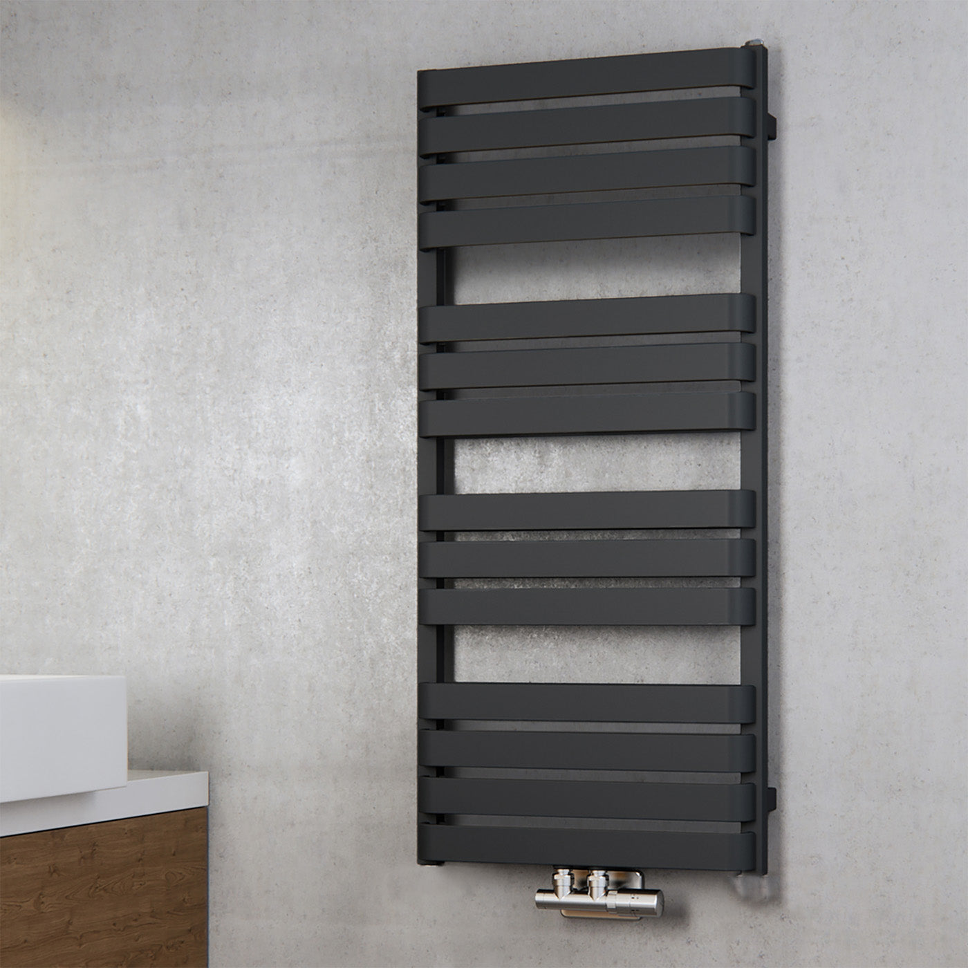 Terma WARP T, 1110h x 500w(mm) (50mm Central Connections), 1887 BTUs Heated Towel Rail, RAL 9005 Matt Black