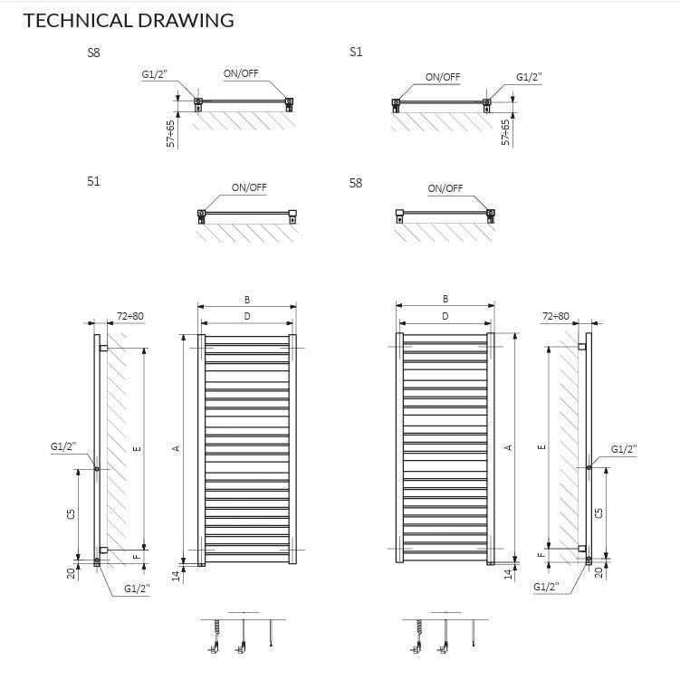Terma MANTIS ONE, 1260h x 540w(mm), 600w Electric Towel Rail, RAL 9005 Nature Grey (with Internal ONE Element (manual/optional IR controllable), 45/60°c)