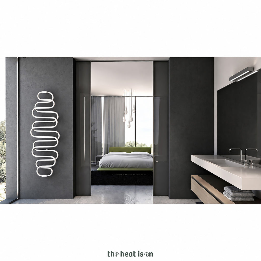 Terma PERLA E, 1760h x 600w(mm), 455w Dry Electric Towel Rail (with heating wire), RAL 9016 Matt White (simple on/off button, no timer/no drying func.)
