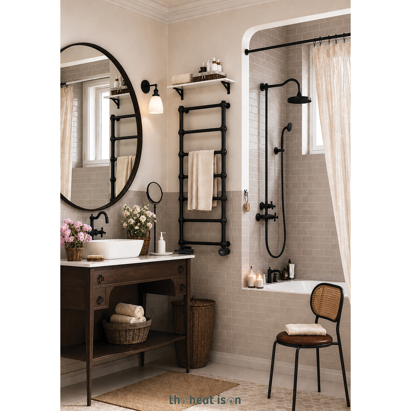 Terma RETRO Dual Fuel Towel Rail, 1170h x 504w(mm), 1051 BTUs/ 300w, Matt Black RAL 9005 (with UNICO Dual Fuel Valve in Matt Black & VEO Black/Black Wi-Fi Element, 30-60°c)
