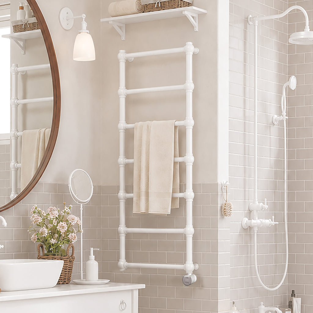 Terma RETRO E, 1170h x 504w(mm), 300w Oil Filled Electric Towel Rail, Matt White RAL 9016  with VEO Heating Element (30x Wi-Fi/manual control settings (15 to 30¡c room temp.), 7 day timer/2 hour drying func., with UK Plug