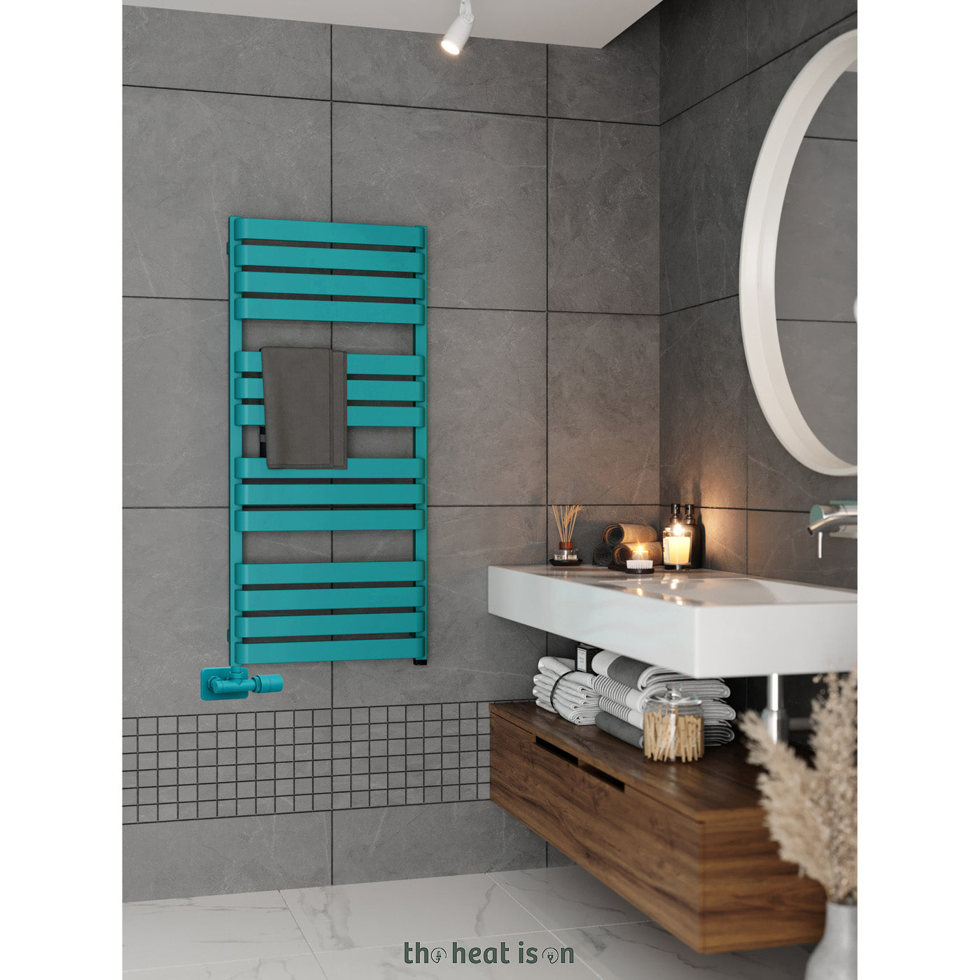06-terma-warp-t-one-dual-fuel-towel-rail-1110h-x-500wmm-1887-btus-600w-matt-teal-ral-5018-with-unico-dual-fuel-valve-in-chrome-internal-one-element-45-60oc