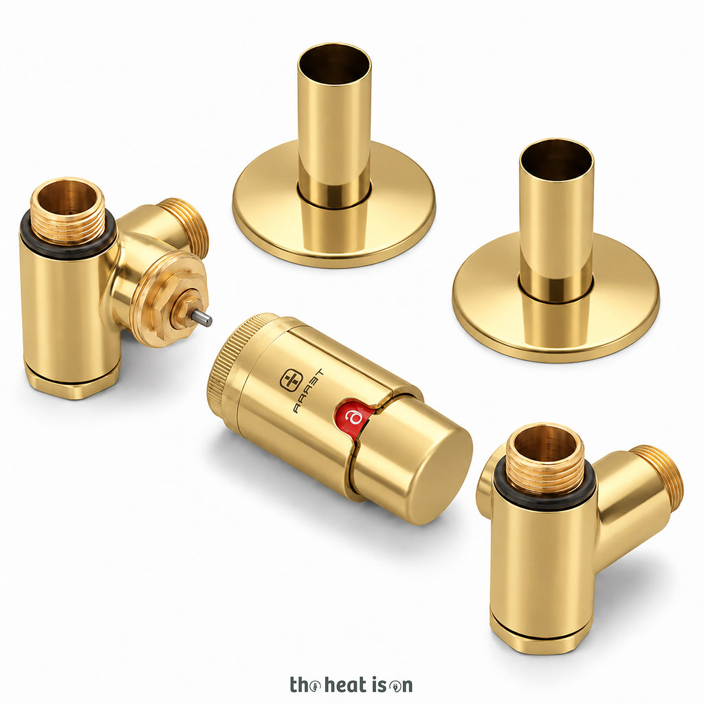 Thermostatic Radiator Valves (TRVs) with Integrated T Piece (for Dual Fuel) & Pipe Masking, Gold, LEFT SIDED, 3 AXIS (CORNER), INTEGRA