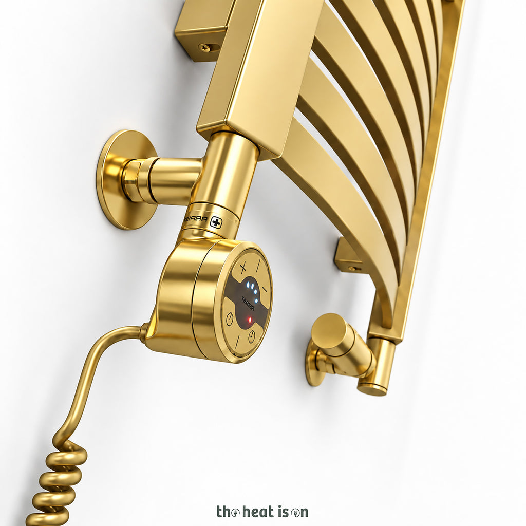 Thermostatic Radiator Valves (TRVs) with Integrated T Piece (for Dual Fuel) & Pipe Masking, Gold, RIGHT SIDED, 3 AXIS (CORNER), INTEGRA