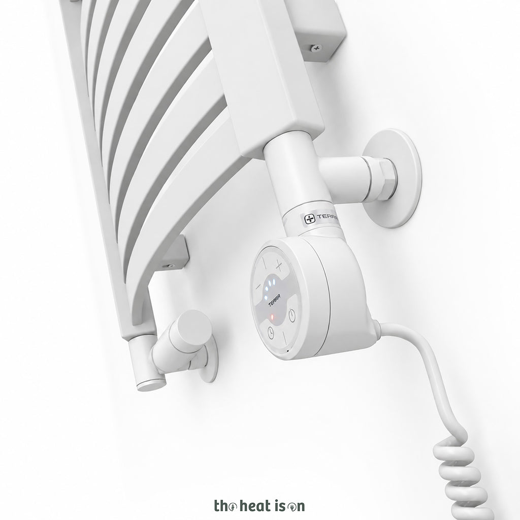 Thermostatic Radiator Valves (TRVs) with Integrated T Piece (for Dual Fuel) & Pipe Masking, Matt White RAL 9016, LEFT SIDED, 3 AXIS (CORNER), INTEGRA