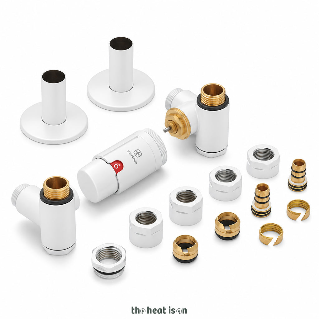 Thermostatic Radiator Valves (TRVs) with Integrated T Piece (for Dual Fuel) & Pipe Masking, Matt White RAL 9016, RIGHT SIDED, 3 AXIS (CORNER), INTEGRA