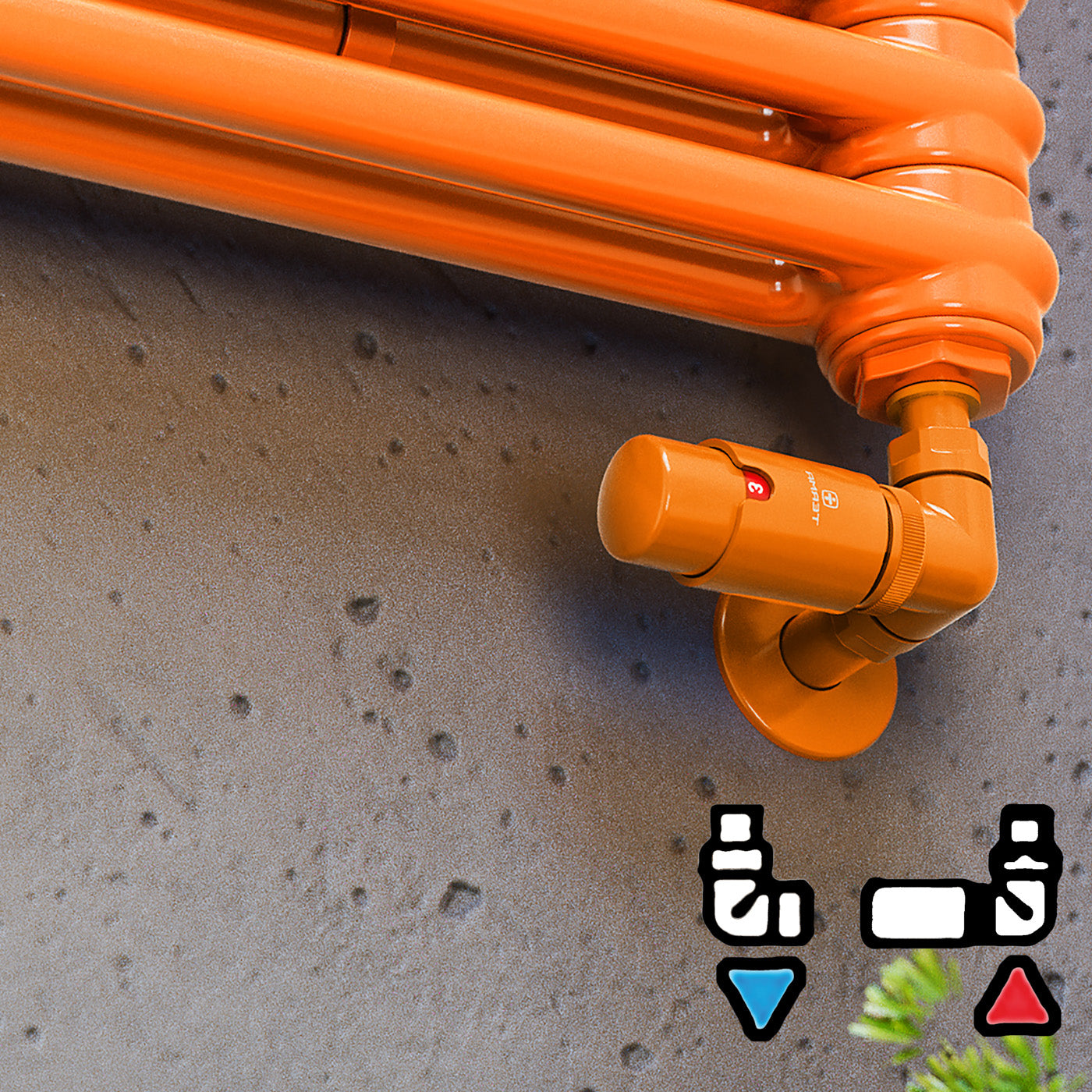 06_-Thermostatic-Heated-Towel-Rail-Valves-_TRVs_-_-Pipe-Masking-_-Matt-Orange-_RAL-2003_-RIGHT-SIDED_-3-AXIS-_CORNER_-VISION