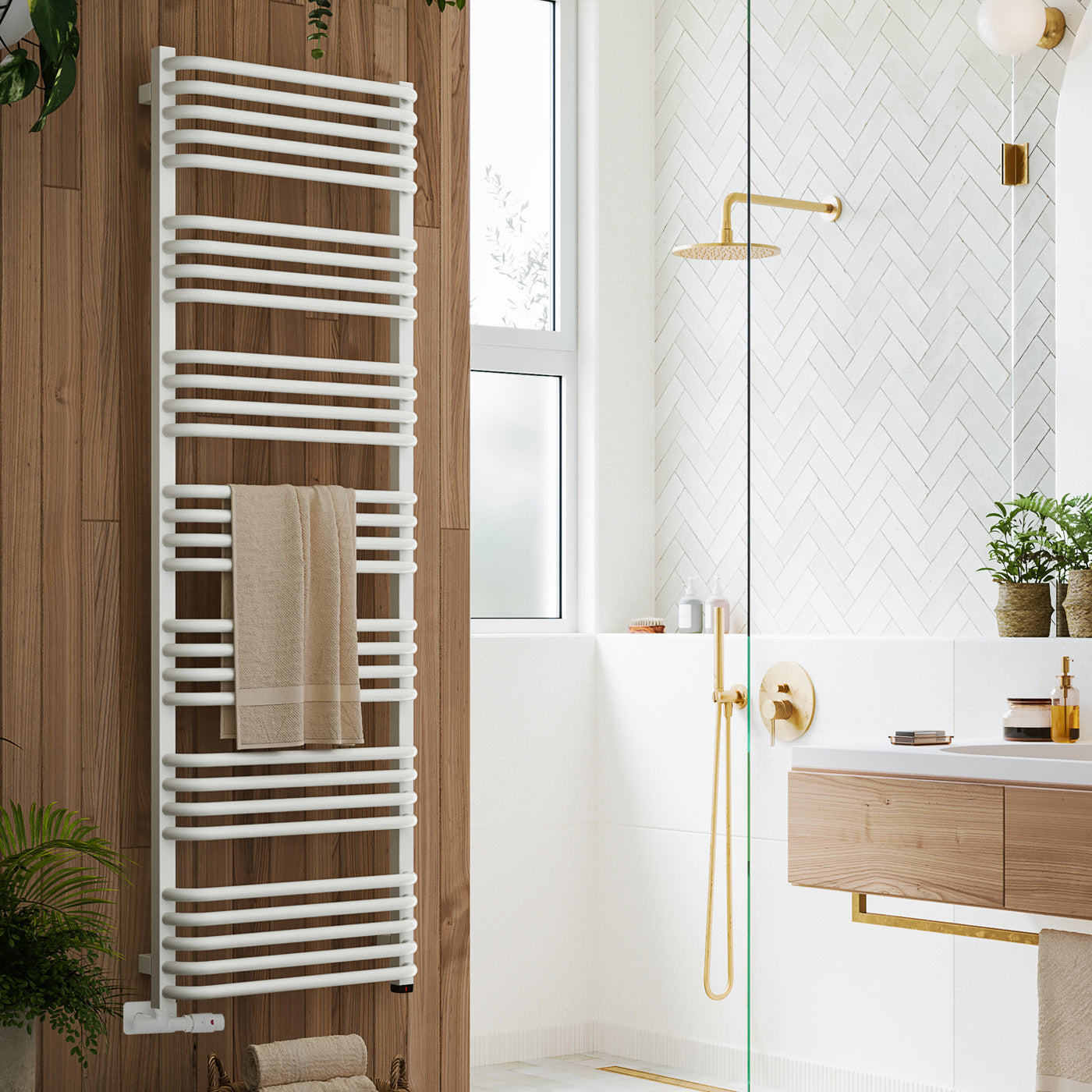 Terma ALEX ONE Dual Fuel Towel Rail, 1580h x 500w(mm), 2706 BTUs/ 800w, Matt White RAL 9016 (with UNICO Dual Fuel Valve in Soft Matt White & Internal ONE Element (manual/optional IR controllable), 45/60°c)