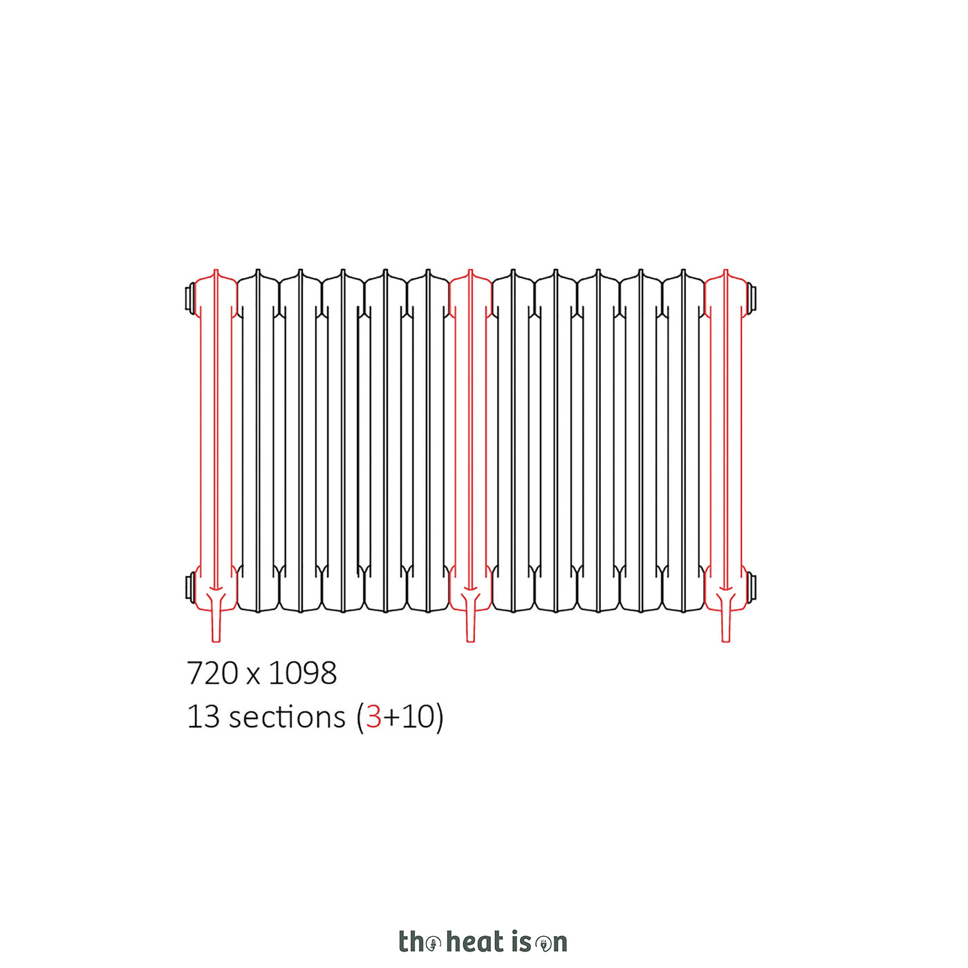 Terma PLAIN 3 COL, 720h x 1098w(mm), 6121 BTUs, Horizontal Cast Ironr Radiator, 13 sections, Raw Metal