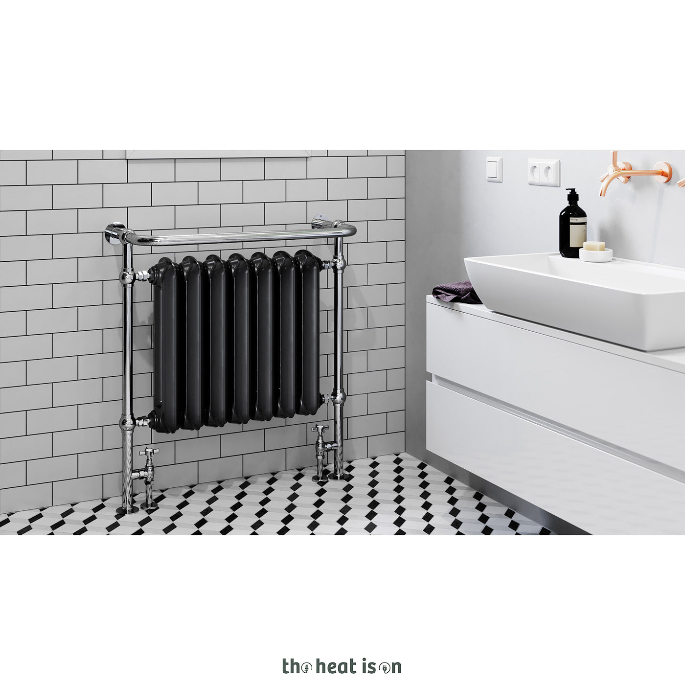Terma PLAIN TOWEL RAIL, 900h x 820w(mm), 2846 BTUs, Cast Iron Heated Towel Rail, Flat Black (Radiator) Chrome (Surround)
