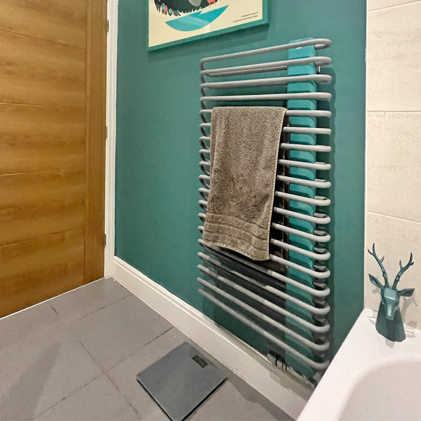 Terma MICHELLE, 1200h x 600w(mm), 2018 BTUs, Heated Towel Rail, Salt n Pepper (Bars) / RAL 5018 Teal (Masking)