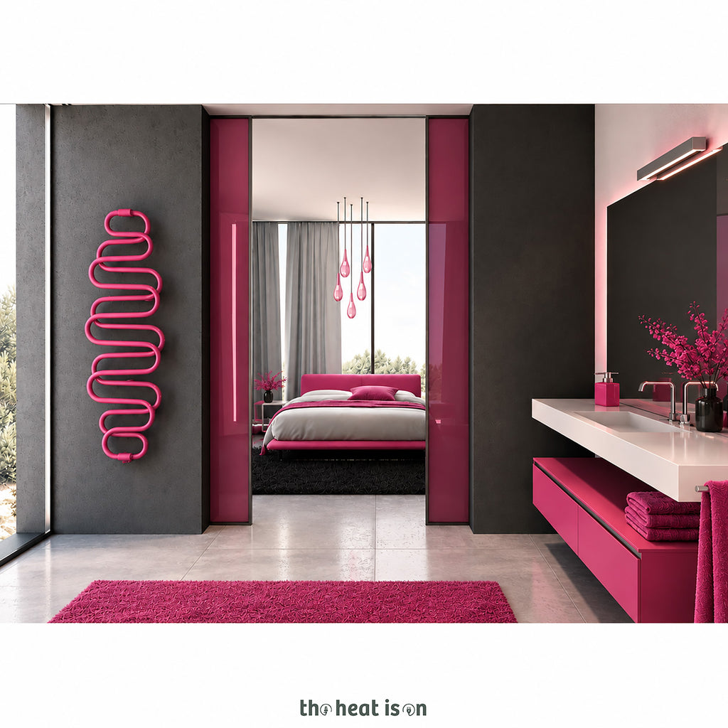 Terma PERLA E, 1760h x 600w(mm), 455w Dry Electric Towel Rail (with heating wire), RAL 4010 Telemgenta Pink (simple on/off button, no timer/no drying func.)