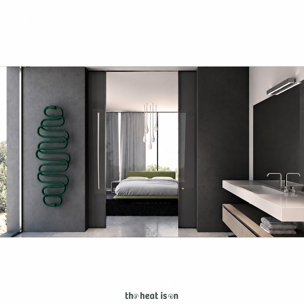 Terma PERLA E, 1760h x 600w(mm), 455w Dry Electric Towel Rail (with heating wire), RAL 6005 Moss Green (simple on/off button, no timer/no drying func.)