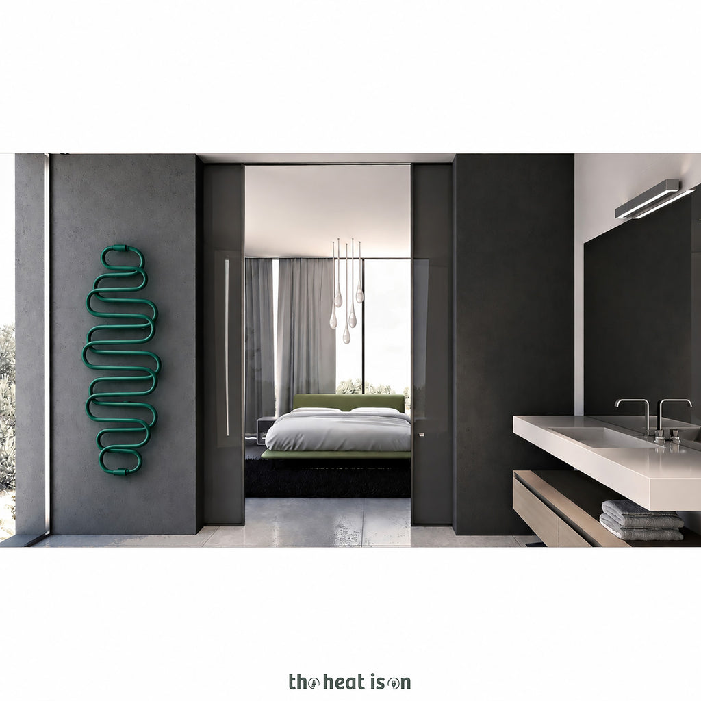 Terma PERLA E, 1760h x 600w(mm), 455w Dry Electric Towel Rail (with heating wire), RAL 6026 Opal Green (simple on/off button, no timer/no drying func.)