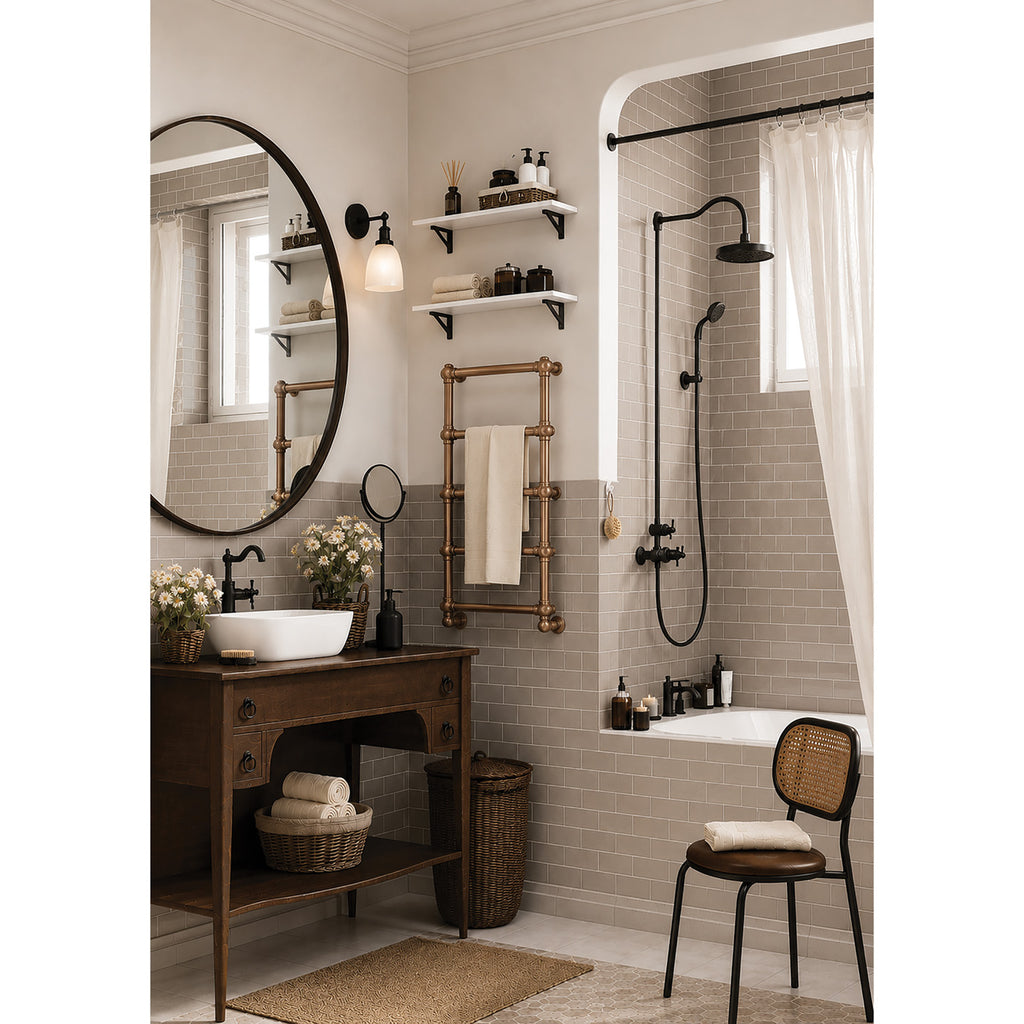Terma RETRO E, 800h x 504w(mm), 200w Oil Filled Electric Towel Rail,  Bright Copper  with VEO Heating Element (30x Wi-Fi/manual control settings (15 to 30¡c room temp.), 7 day timer/2 hour drying func., with UK Plug
