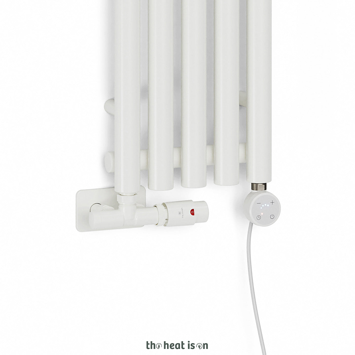 Thermostatic 50mm Radiator Valves (TRVs) with Immersion Tube (for Dual Fuel or Single Entry Point Radiator) & Pipe Masking, Matt White (RAL 9016), RIGHT SIDED, ANGLED, UNICO