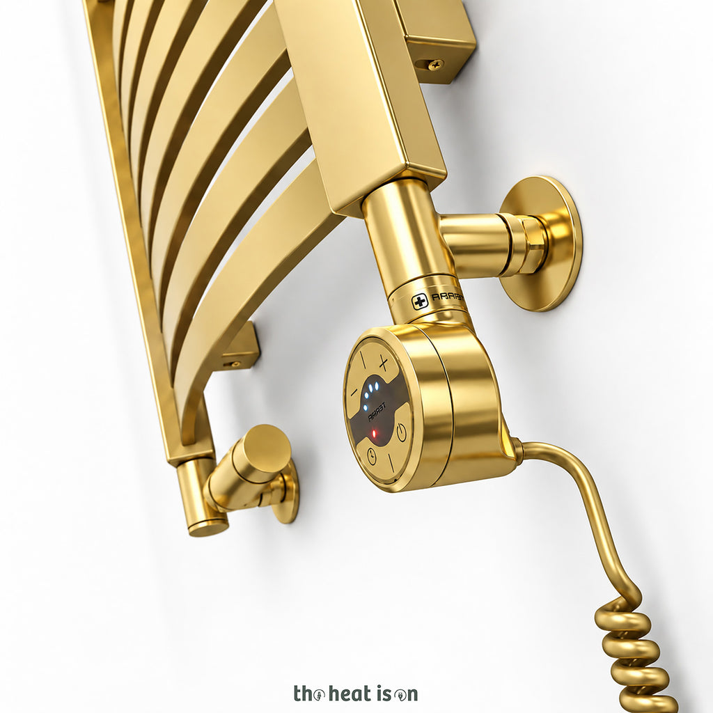 Thermostatic Radiator Valves (TRVs) with Integrated T Piece (for Dual Fuel) & Pipe Masking, Gold, LEFT SIDED, 3 AXIS (CORNER), INTEGRA