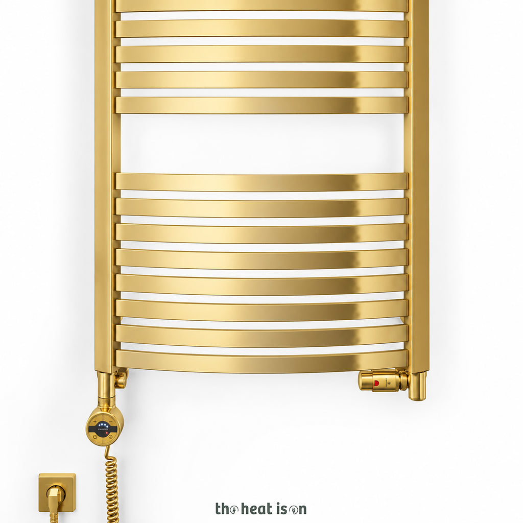 Thermostatic Radiator Valves (TRVs) with Integrated T Piece (for Dual Fuel) & Pipe Masking, Gold, RIGHT SIDED, 3 AXIS (CORNER), INTEGRA