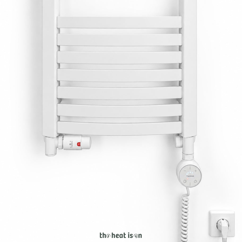 Thermostatic Radiator Valves (TRVs) with Integrated T Piece (for Dual Fuel) & Pipe Masking, Matt White RAL 9016, LEFT SIDED, 3 AXIS (CORNER), INTEGRA