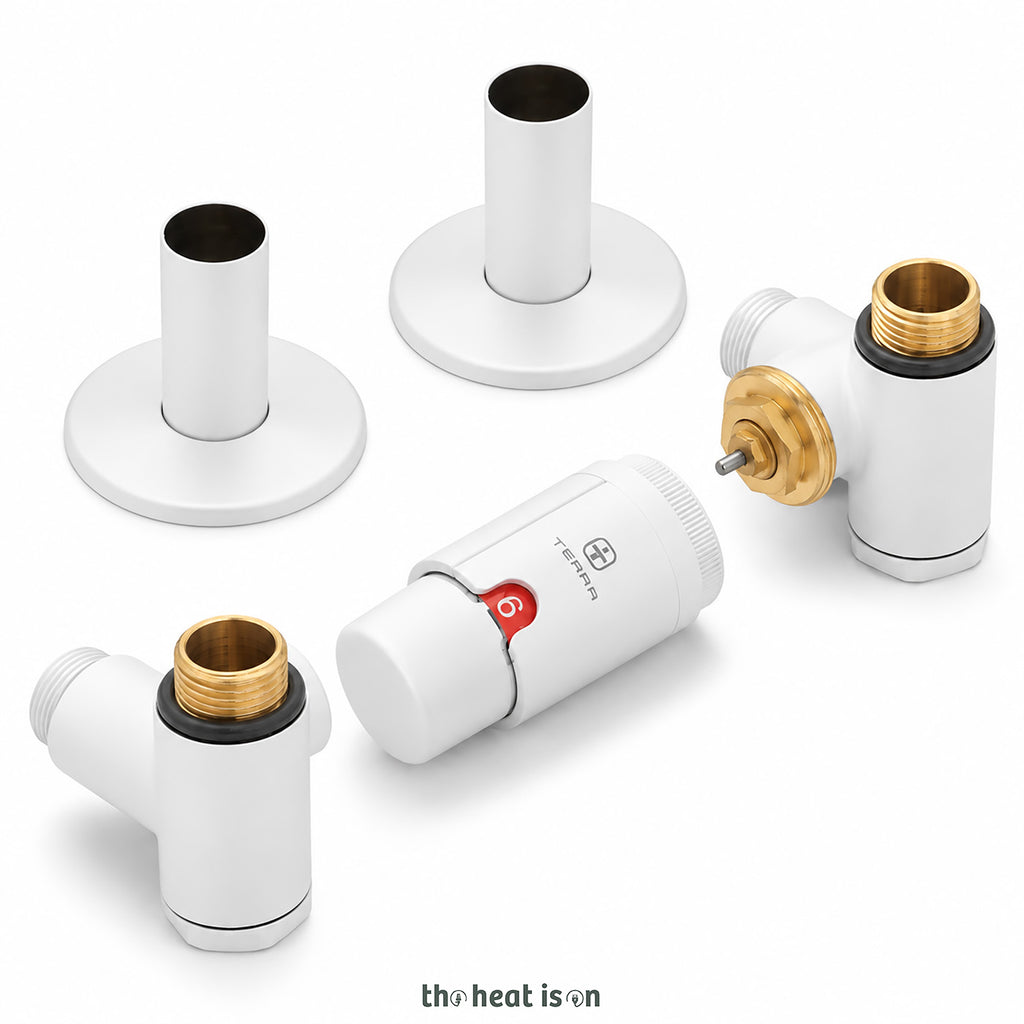 Thermostatic Radiator Valves (TRVs) with Integrated T Piece (for Dual Fuel) & Pipe Masking, Matt White RAL 9016, RIGHT SIDED, 3 AXIS (CORNER), INTEGRA