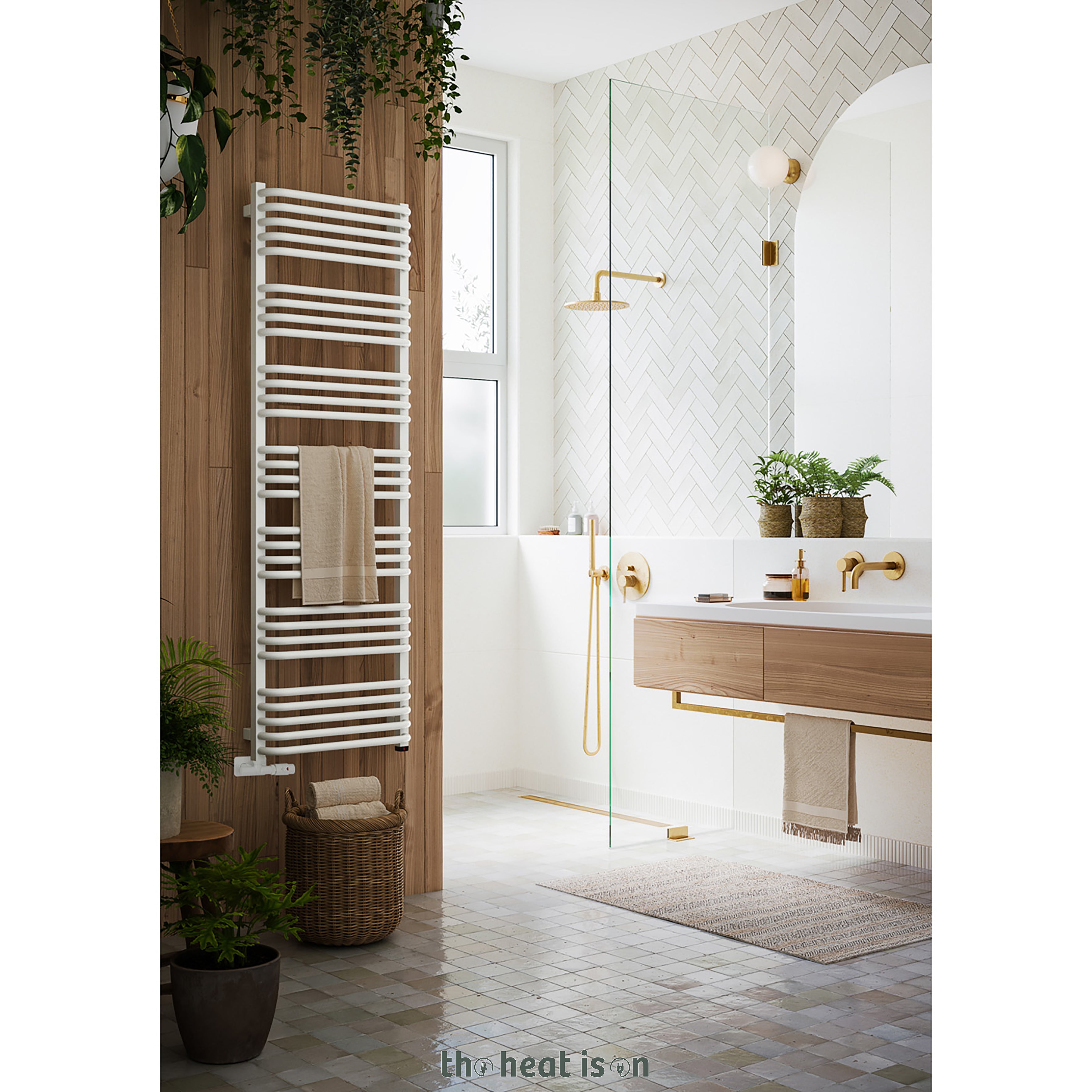 Terma ALEX ONE Dual Fuel Towel Rail, 1580h x 500w(mm), 2706 BTUs/ 800w, Matt White RAL 9016 (with UNICO Dual Fuel Valve in Soft Matt White & Internal ONE Element (manual/optional IR controllable), 45/60°c)