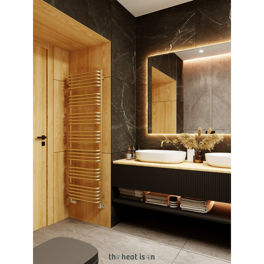 Terma ALEX Dual Fuel Towel Rail, 1580h x 500w(mm), 2706 BTUs/ 800w, Brass (premium wet paint) (with INTEGRA 3 Axis Dual Fuel Valve in Brass & MOA Wi-Fi Element in Brass 30-60¡c)