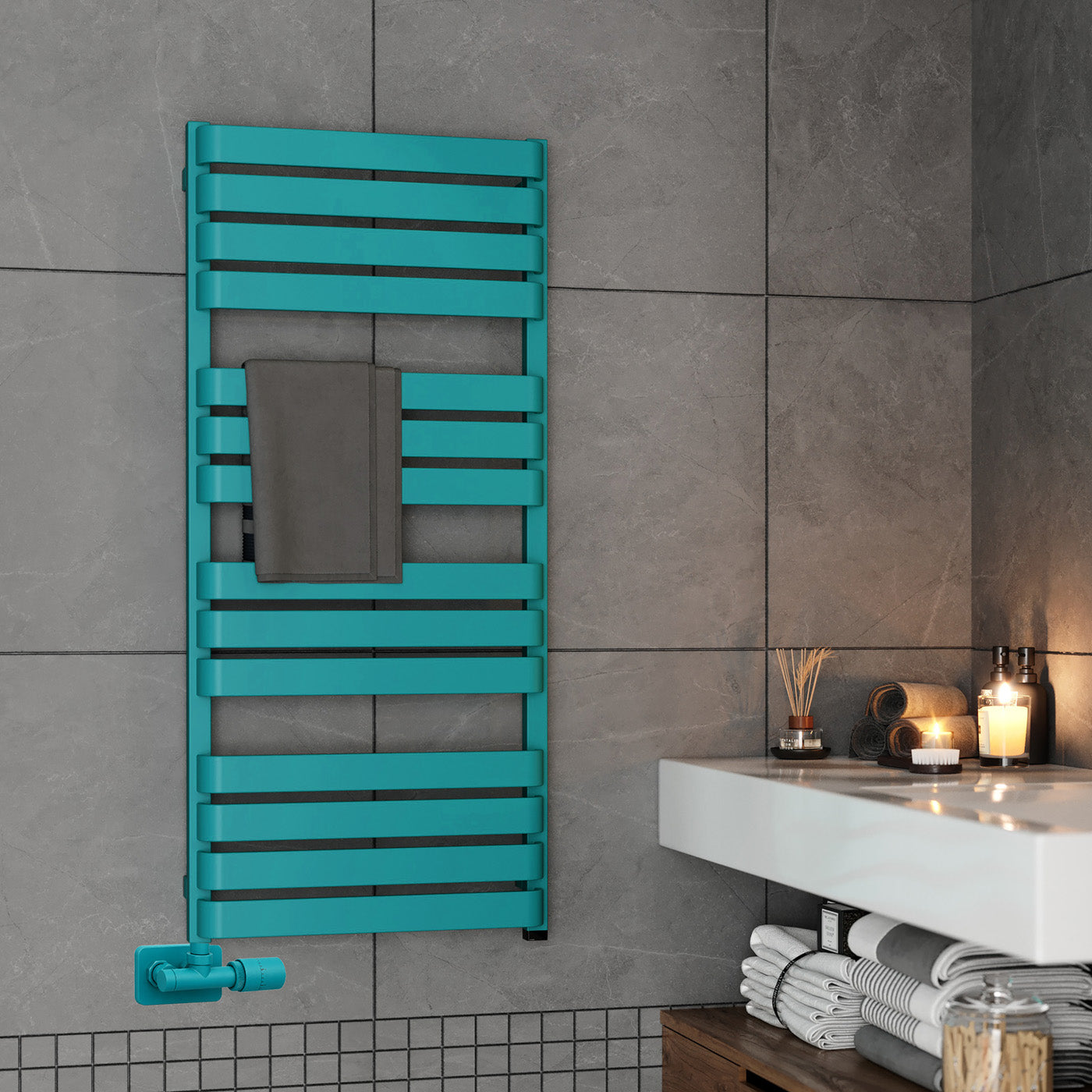 08-terma-warp-t-one-dual-fuel-towel-rail-1110h-x-500wmm-1887-btus-600w-matt-teal-ral-5018-with-unico-dual-fuel-valve-in-chrome-internal-one-element-45-60oc