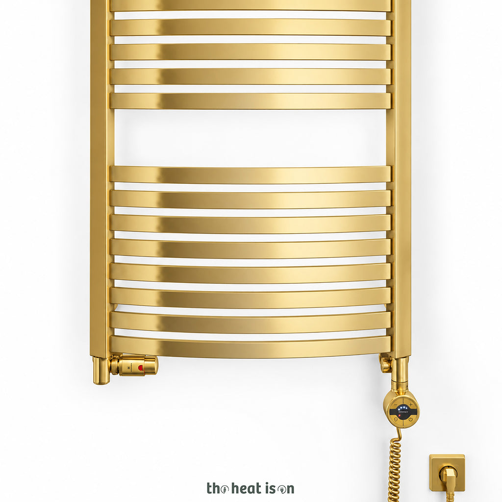 Thermostatic Radiator Valves (TRVs) with Integrated T Piece (for Dual Fuel) & Pipe Masking, Gold, LEFT SIDED, 3 AXIS (CORNER), INTEGRA