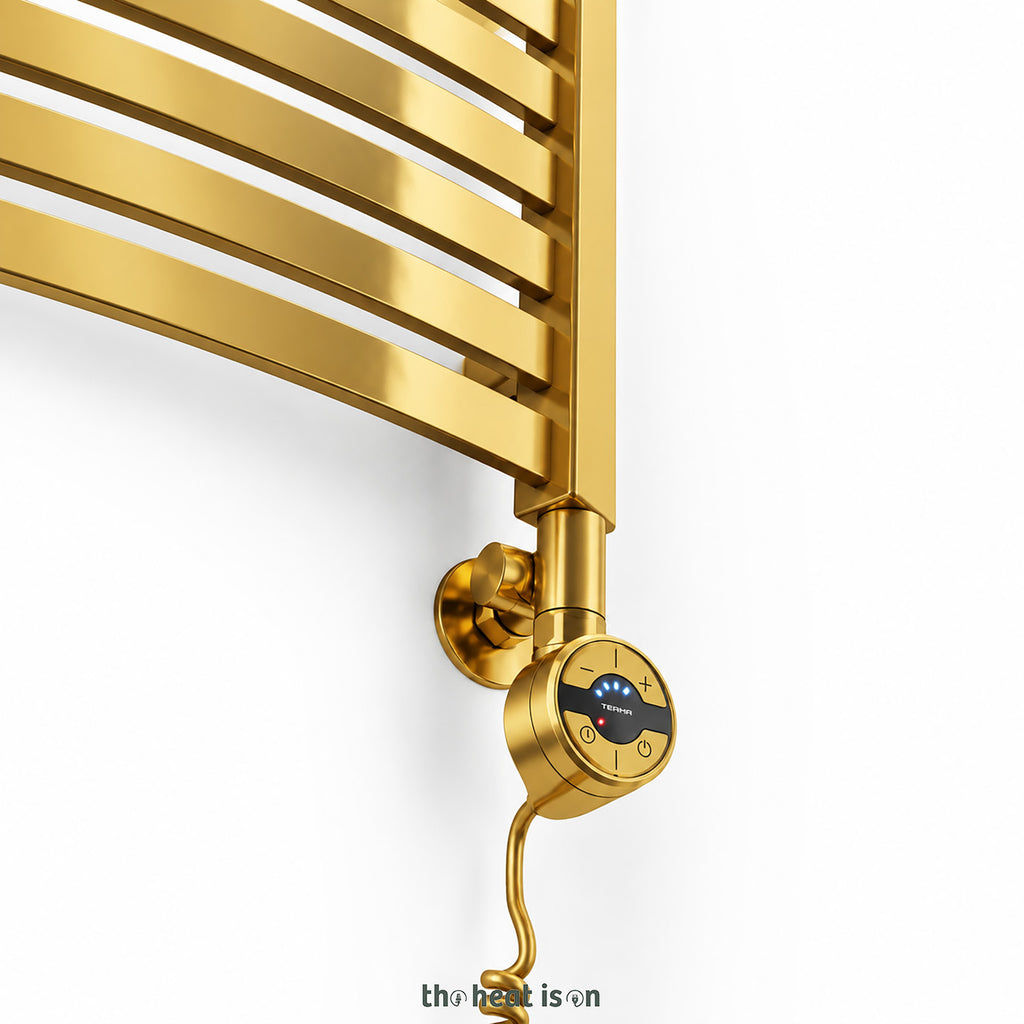Thermostatic Radiator Valves (TRVs) with Integrated T Piece (for Dual Fuel) & Pipe Masking, Gold, RIGHT SIDED, 3 AXIS (CORNER), INTEGRA
