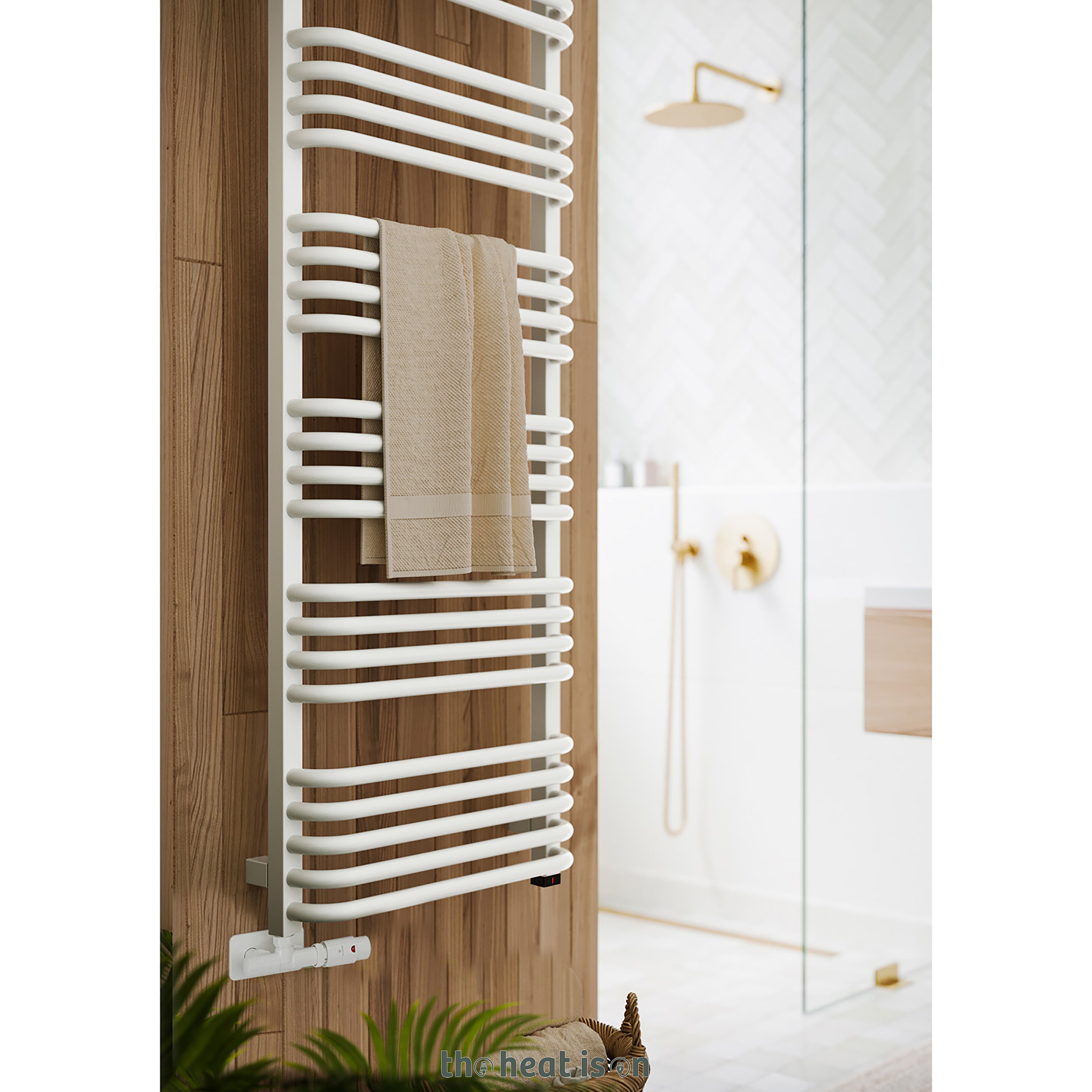 Terma ALEX ONE Dual Fuel Towel Rail, 1580h x 500w(mm), 2706 BTUs/ 800w, Matt White RAL 9016 (with UNICO Dual Fuel Valve in Soft Matt White & Internal ONE Element (manual/optional IR controllable), 45/60°c)