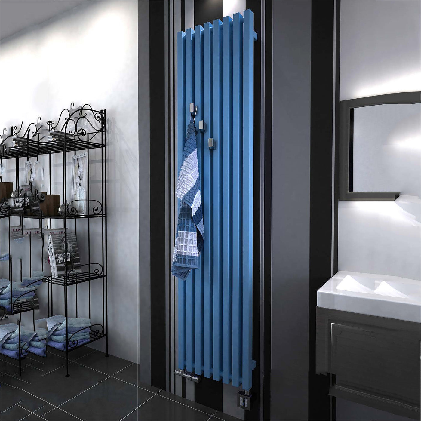 Terma TRIGA Dual Fuel Radiator, 3279 BTUs/ 1kw, 1900h x 380w(mm), Matt Signal Blue RAL 5005 (with UNICO Dual Fuel Valve in Matt Black & KTX 4 Blue Element in Black, 30-60oc)
