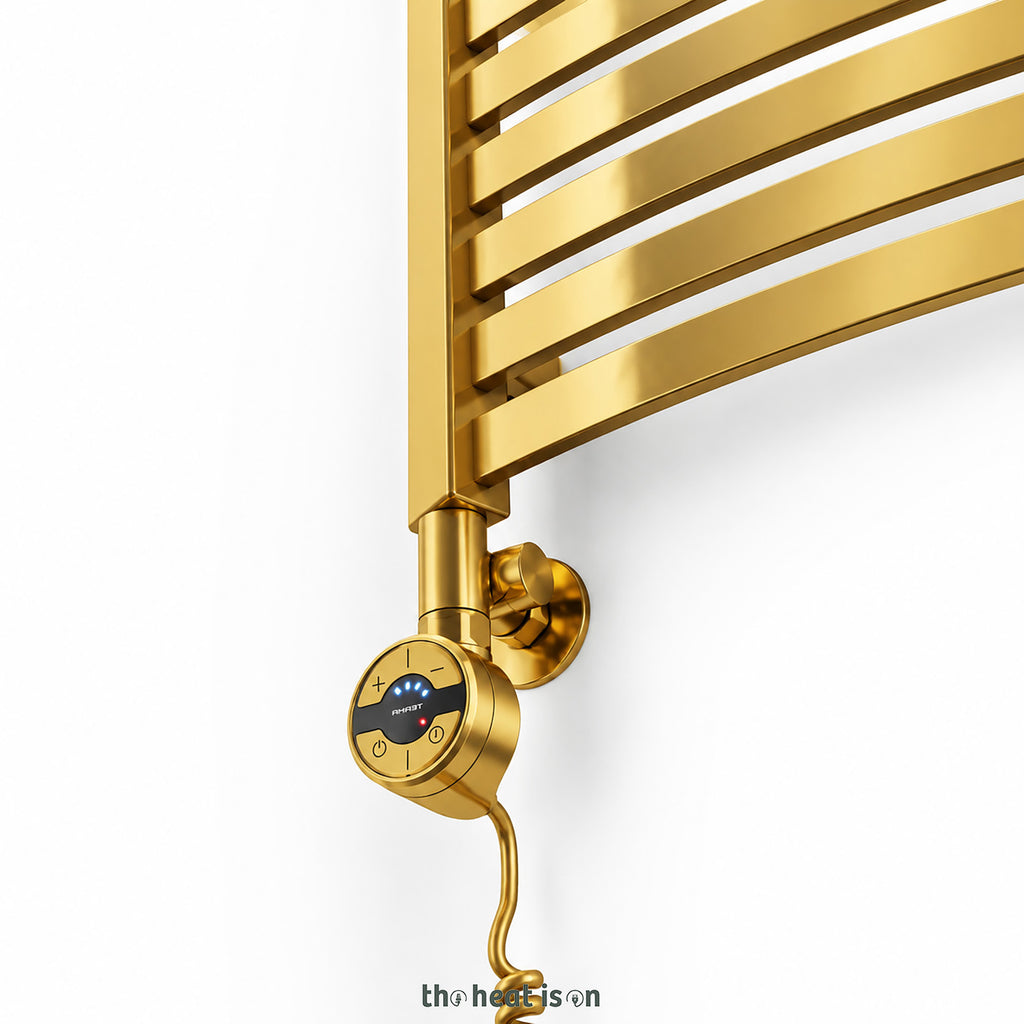 Thermostatic Radiator Valves (TRVs) with Integrated T Piece (for Dual Fuel) & Pipe Masking, Gold, LEFT SIDED, 3 AXIS (CORNER), INTEGRA
