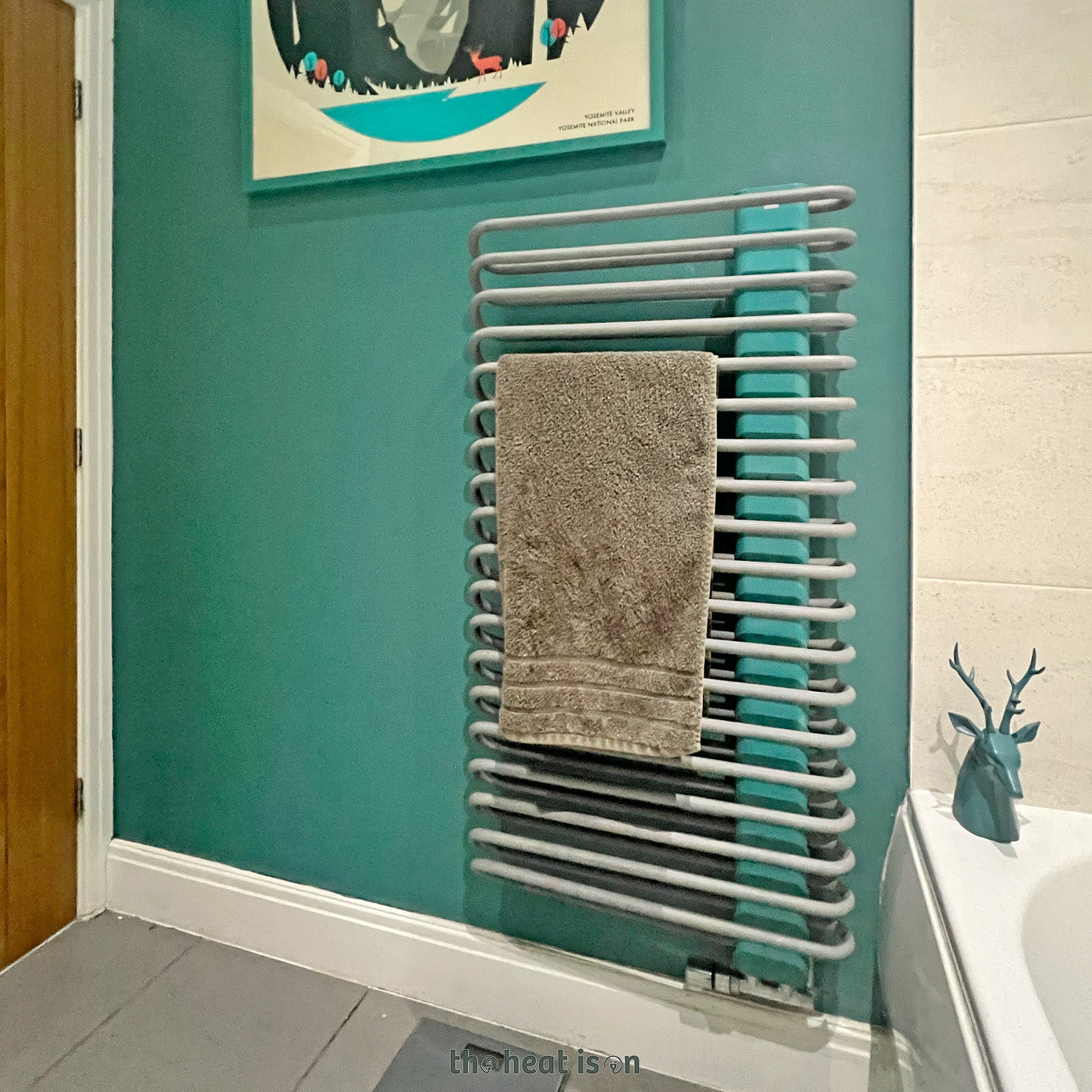 Terma MICHELLE, 1200h x 600w(mm), 2018 BTUs, Heated Towel Rail, Salt n Pepper (Bars) / RAL 5018 Teal (Masking)
