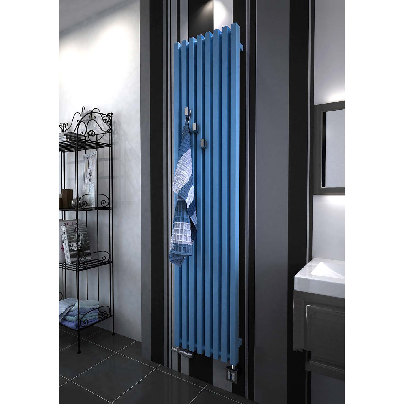 Terma TRIGA Dual Fuel Radiator, 3279 BTUs/ 1kw, 1900h x 380w(mm), Matt Signal Blue RAL 5005 (with UNICO Dual Fuel Valve in Matt Black & KTX 4 Blue Element in Black, 30-60oc)