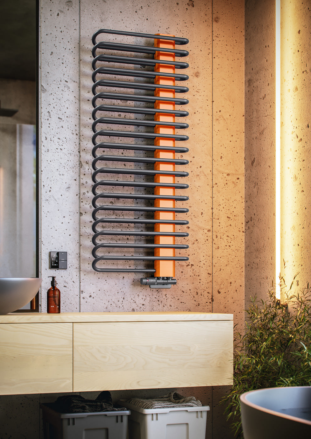 10_Terma-MICHELLE_-1200h-x-500w_mm_-2459-BTUs-Heated-Towel-Rail_-Graphite-Grey-_Bars_-Orange-RAL-2003-_Masking