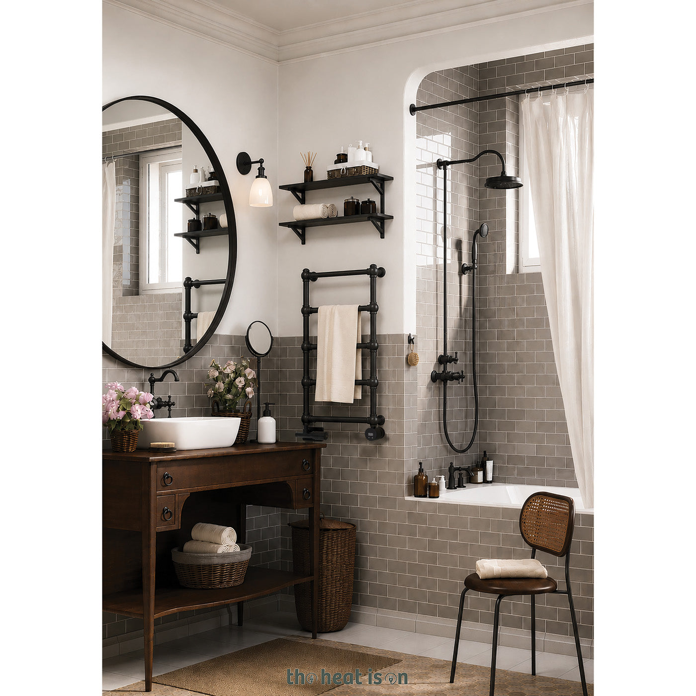 Terma RETRO Dual Fuel Towel Rail, 800h x 504w(mm), 717 BTUs/ 200w, Matt Black RAL 9005 (with UNICO Dual Fuel Valve in Matt Black & VEO Black/Black Wi-Fi Element, 30-60°c)