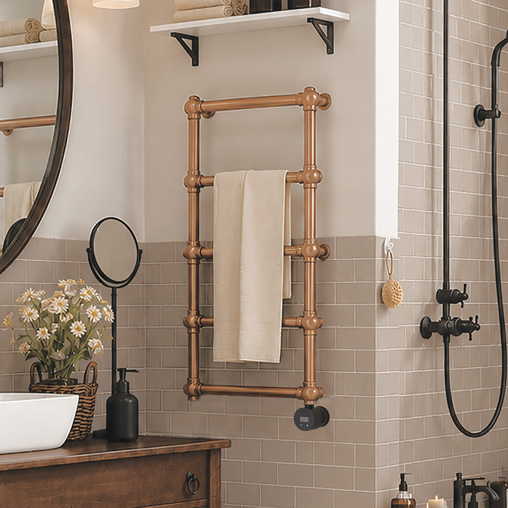 Terma RETRO E, 800h x 504w(mm), 200w Oil Filled Electric Towel Rail,  Bright Copper  with VEO Heating Element (30x Wi-Fi/manual control settings (15 to 30¡c room temp.), 7 day timer/2 hour drying func., with UK Plug