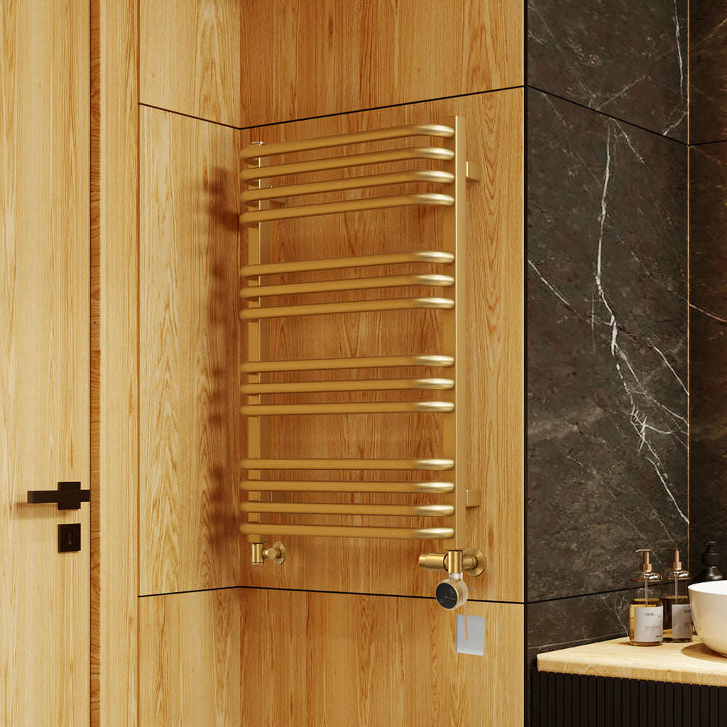 Terma ALEX Dual Fuel Towel Rail, 760h x 500w(mm), 1406 BTUs/ 400w, Brass (premium wet paint) (with INTEGRA 3 Axis Dual Fuel Valve in Brass & MOA Wi-Fi Element in Brass 30-60¡c)