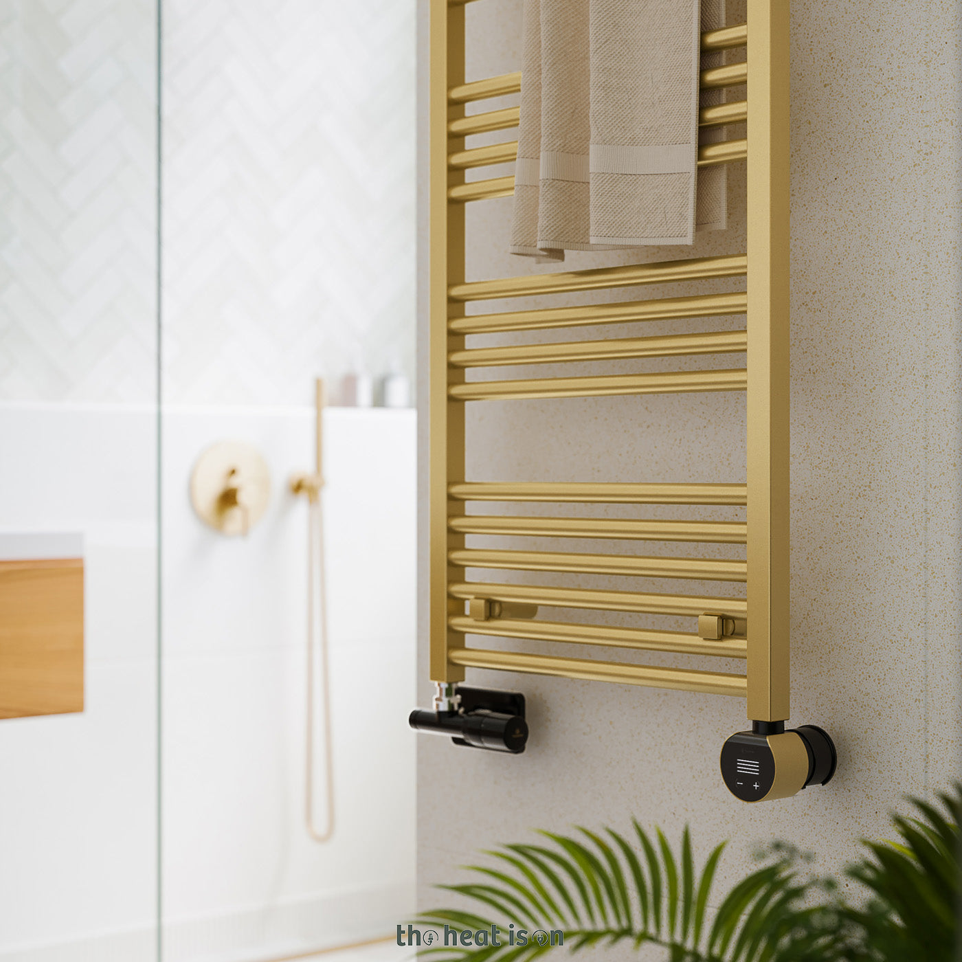 12-terma-fiona-dual-fuel-towel-rail-1380h-x-500wmm-2003-btus-600w-brass-with-unico-dual-fuel-valve-in-soft-black-veo-black-brass-wi-fi-element-30-60oc