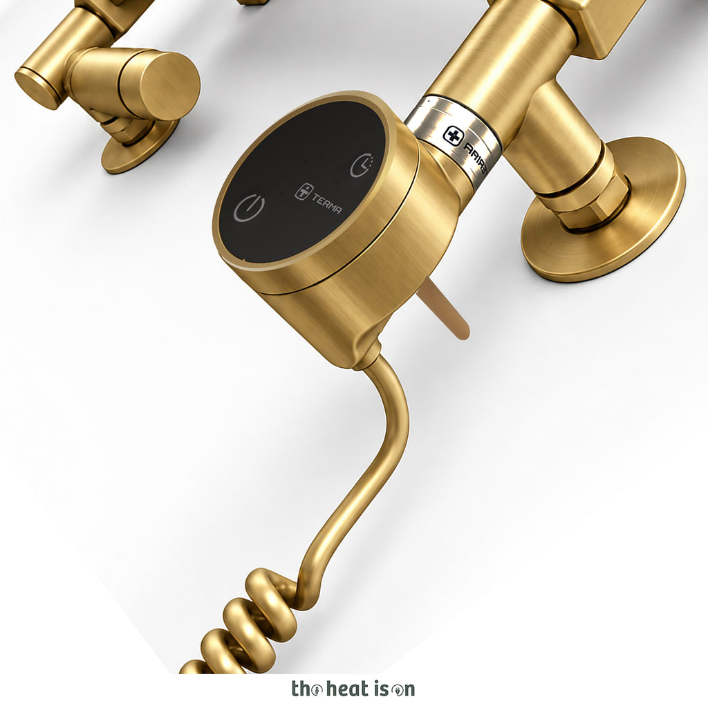 Terma ALEX Dual Fuel Towel Rail, 760h x 500w(mm), 1406 BTUs/ 400w, Brass (premium wet paint) (with INTEGRA 3 Axis Dual Fuel Valve in Brass & MOA Wi-Fi Element in Brass 30-60¡c)