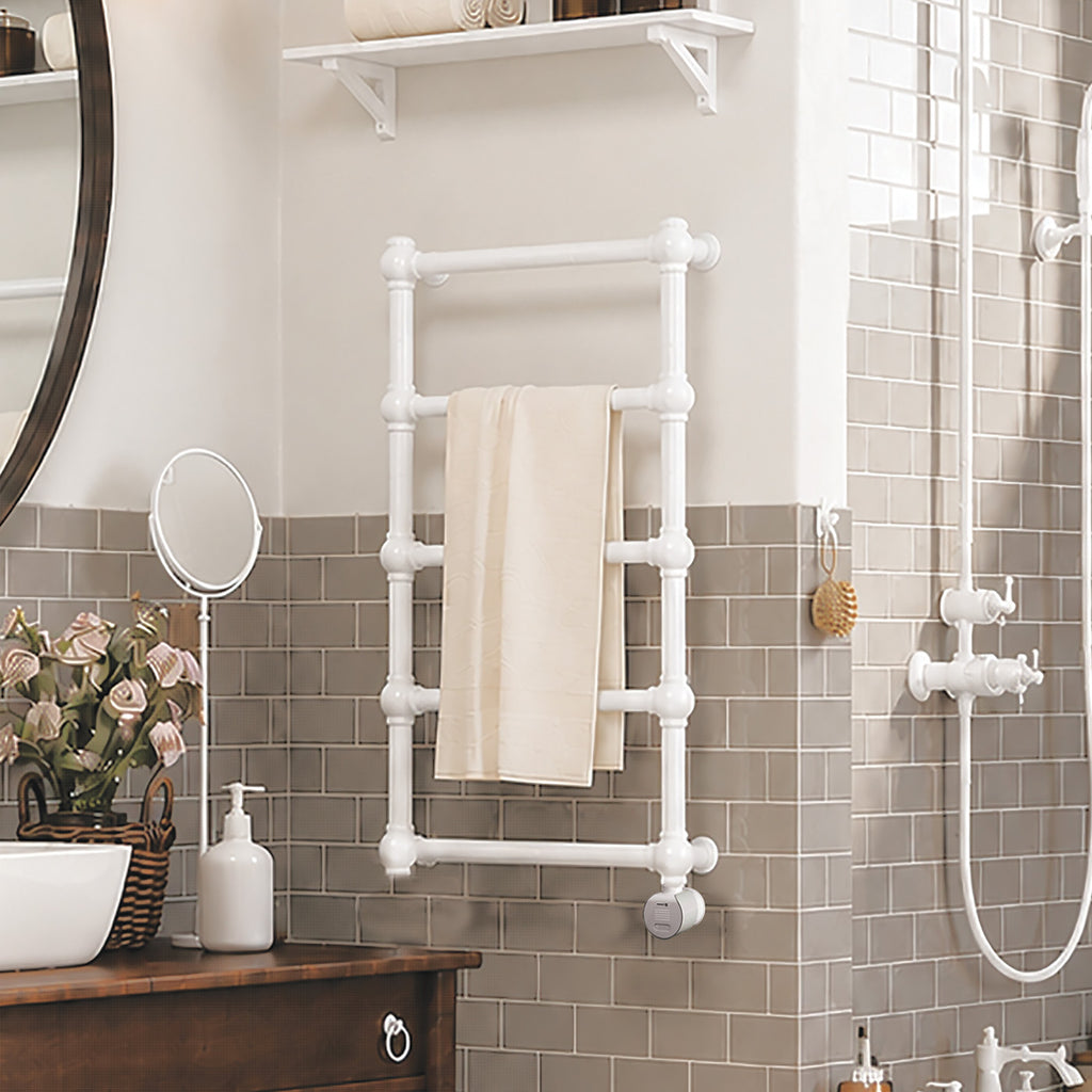 Terma RETRO E, 800h x 504w(mm), 200w Oil Filled Electric Towel Rail,  Matt White RAL 9016  with VEO Heating Element (30x Wi-Fi/manual control settings (15 to 30¡c room temp.), 7 day timer/2 hour drying func., with UK Plug