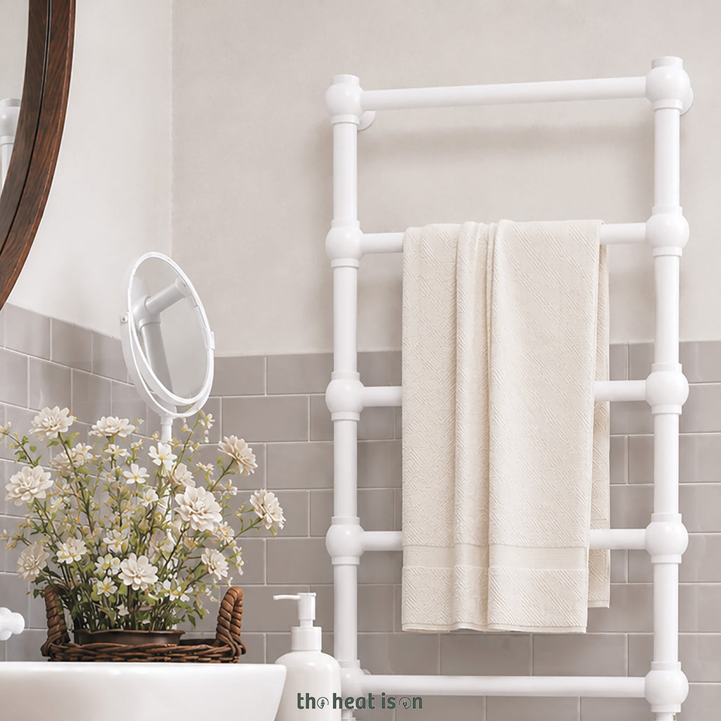 Terma RETRO E, 1170h x 504w(mm), 300w Oil Filled Electric Towel Rail, Matt White RAL 9016  with VEO Heating Element (30x Wi-Fi/manual control settings (15 to 30¡c room temp.), 7 day timer/2 hour drying func., with UK Plug