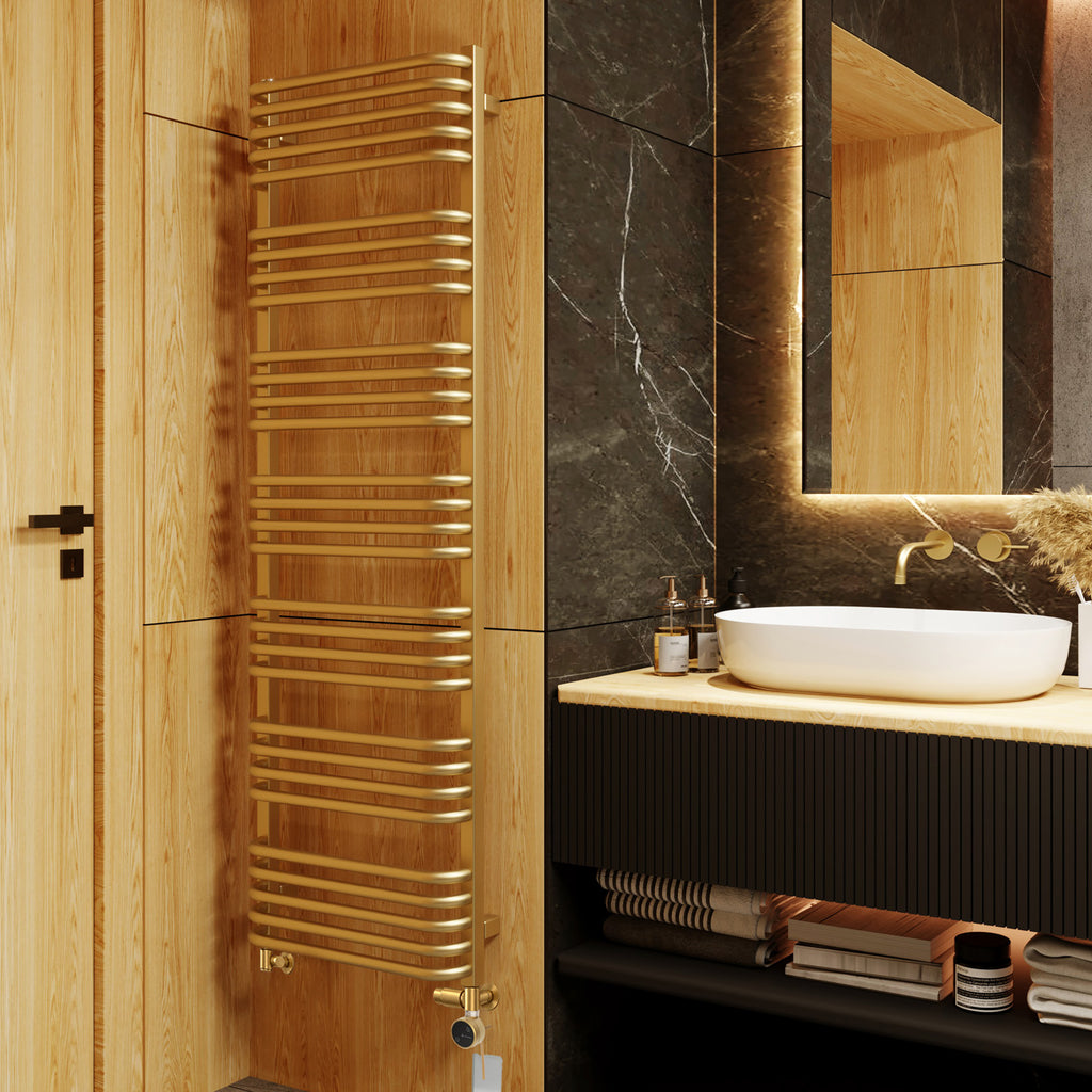 Terma ALEX Dual Fuel Towel Rail, 1580h x 500w(mm), 2706 BTUs/ 800w, Brass (premium wet paint) (with INTEGRA 3 Axis Dual Fuel Valve in Brass & MOA Wi-Fi Element in Brass 30-60¡c)