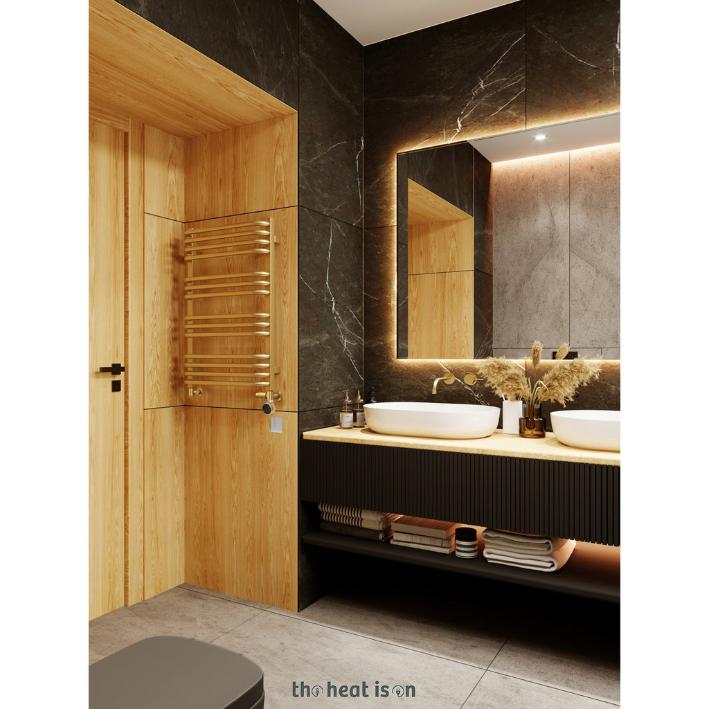 Terma ALEX Dual Fuel Towel Rail, 760h x 500w(mm), 1406 BTUs/ 400w, Brass (premium wet paint) (with INTEGRA 3 Axis Dual Fuel Valve in Brass & MOA Wi-Fi Element in Brass 30-60¡c)