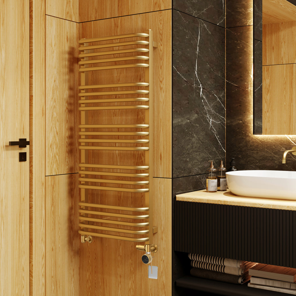 Terma ALEX Dual Fuel Towel Rail, 1140h x 500w(mm), 2017 BTUs/ 600w, Brass (premium wet paint) (with INTEGRA 3 Axis Dual Fuel Valve in Brass & MOA Wi-Fi Element in Brass 30-60¡c)