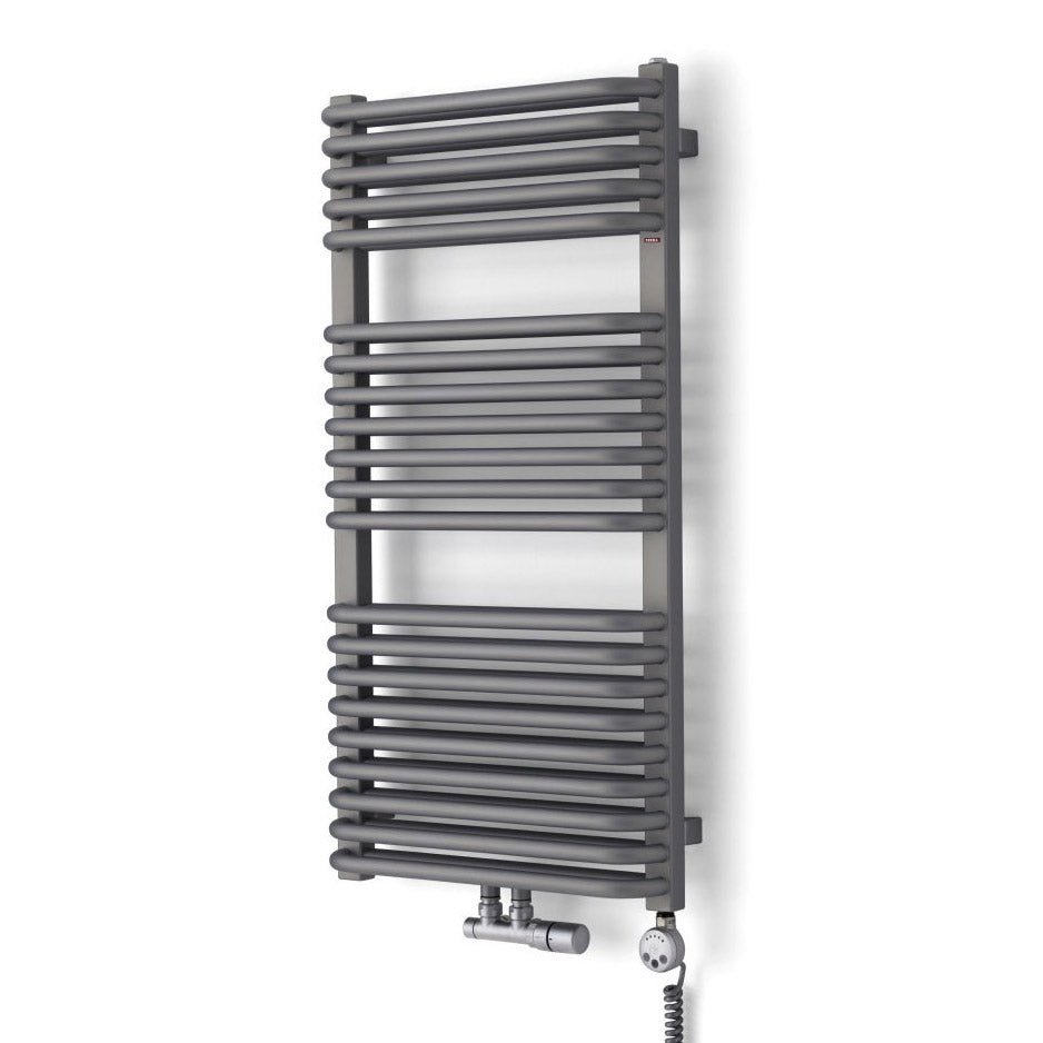 Terma TYTUS Dual Fuel Towel Rail, 1020h x 540w(mm) (50mm Connections), 2750 BTUs/ 800w, Metallic Grey (with Matching TWINS Valves in Metallic Grey & MEG Element in Silver, 30-60°c)