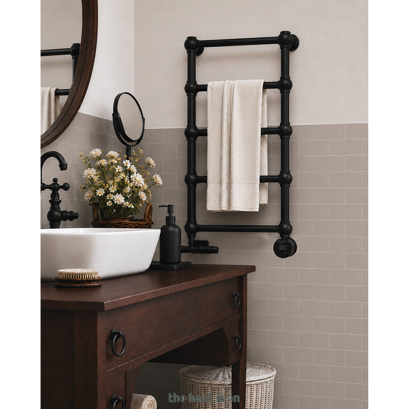 Terma RETRO Dual Fuel Towel Rail, 800h x 504w(mm), 717 BTUs/ 200w, Matt Black RAL 9005 (with UNICO Dual Fuel Valve in Matt Black & VEO Black/Black Wi-Fi Element, 30-60°c)